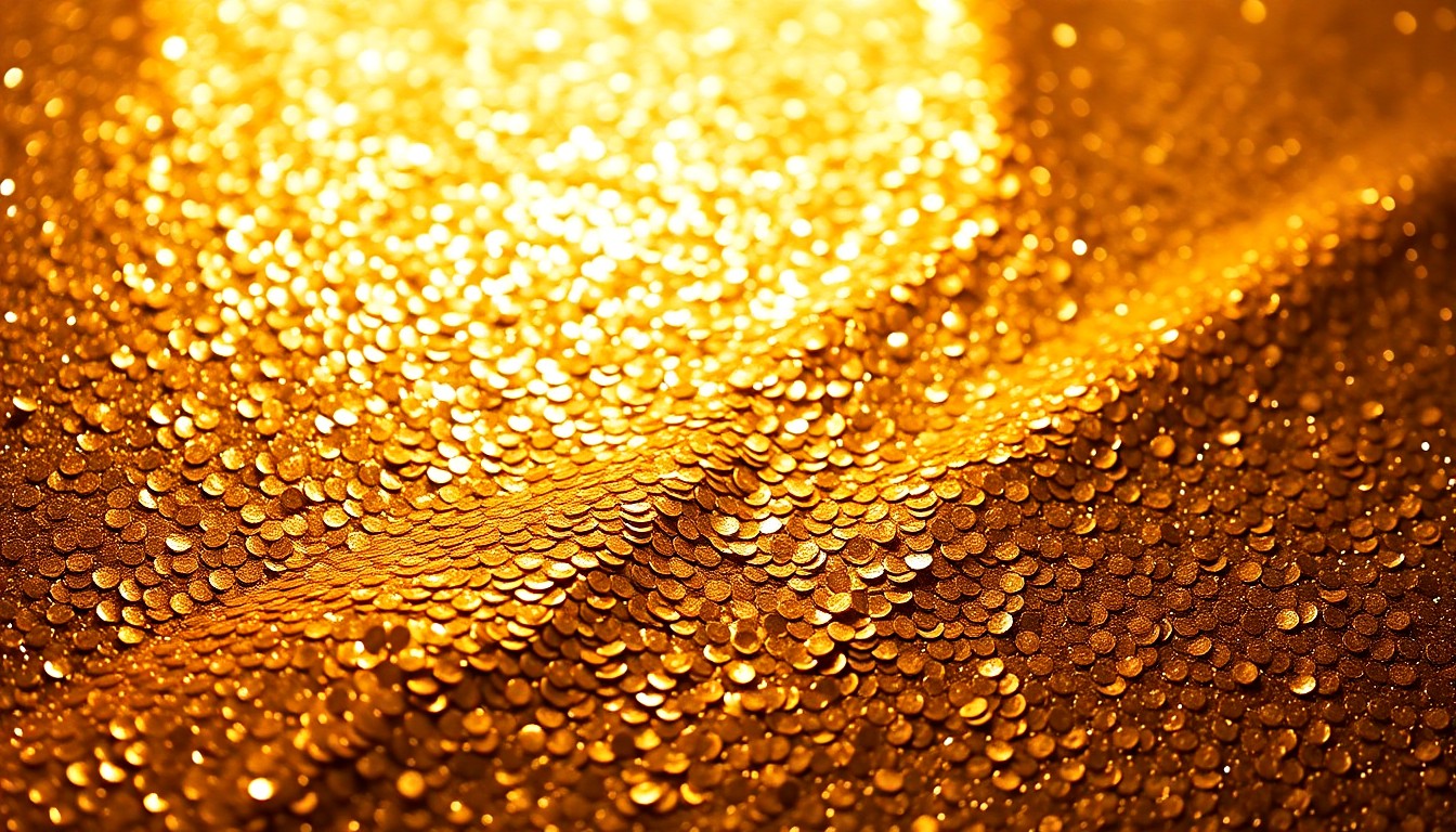 An extreme close-up photograph of shimmering, high-contrast gold sequins, capturing the glamour and prestige of the James Beard Awards.