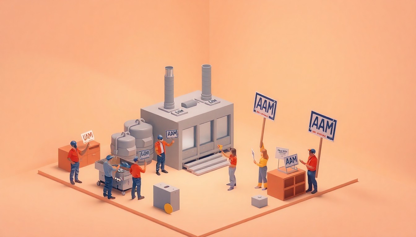 An isometric 3D digital illustration depicting a miniature factory scene with workers holding signs and rallying, representing the labor dispute between the UAW and American Axle in Three Rivers.
