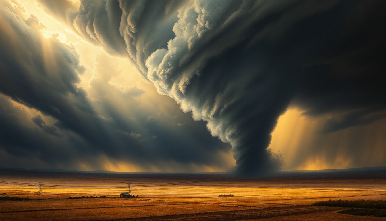 A sweeping, atmospheric landscape painting in muted tones of gray, blue, and green, capturing the overwhelming scale of a tornado-ravaged countryside under a dramatic, foreboding sky. The scene uses deep perspective and dramatic lighting to convey the sublime power of the natural disaster, with any physical structures or objects dwarfed by the storm.