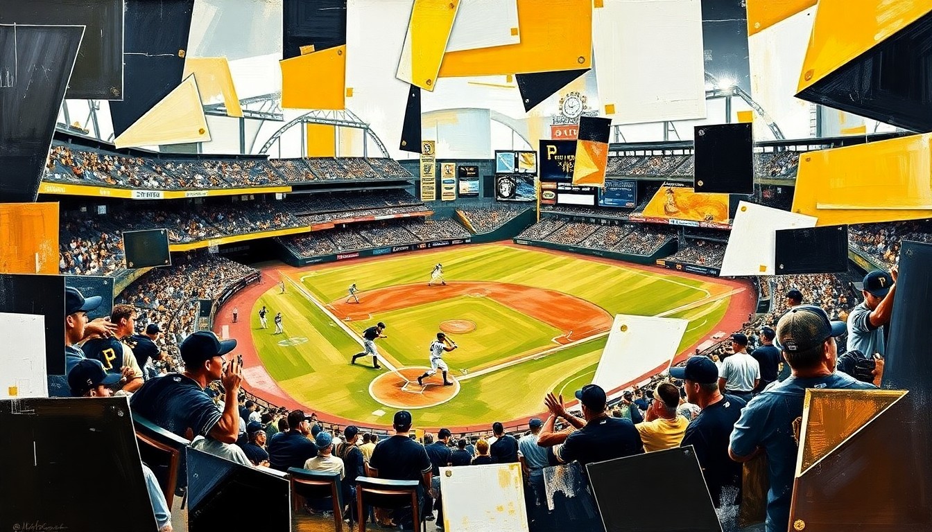 A fractured, geometric painting in the colors of the Pittsburgh Pirates, depicting a baseball game or action broken down into sharp, overlapping planes, conveying the momentous debut of a teenage player joining the major leagues.