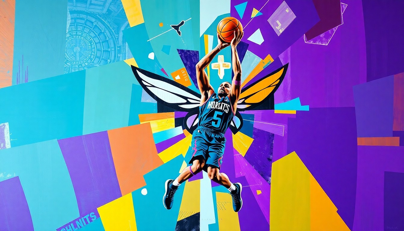 A cubist, geometric painting depicting a basketball player in the act of shooting a 3-pointer, with the player's form broken down into overlapping planes of teal, purple, and gold colors.