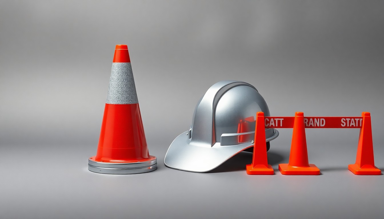 A photorealistic studio still life featuring a chrome traffic cone, silver hard hat, and orange construction barricades arranged on a matte gray background, conceptually representing the abstract challenges of a highway infrastructure project.