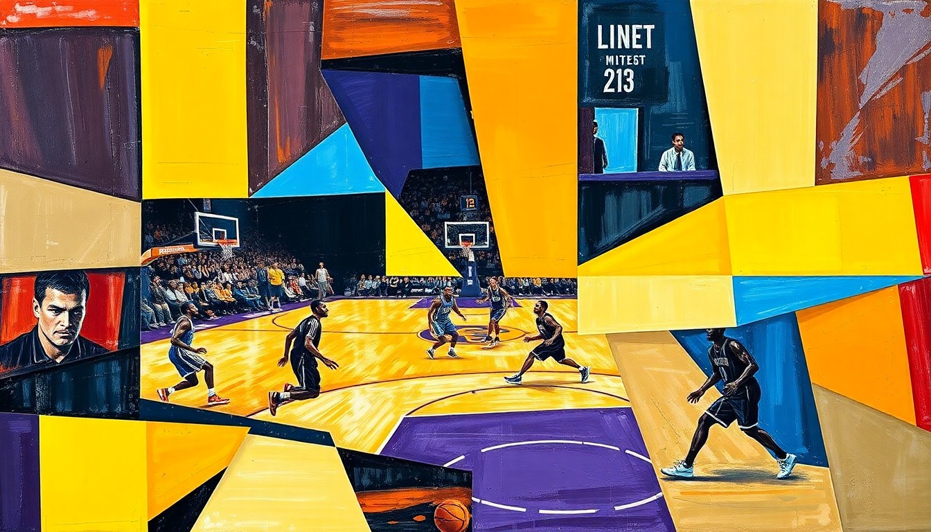 A fragmented, geometric painting depicting a basketball game, with the players and court lines broken down into sharp, overlapping shapes and planes, capturing the dynamic energy and uncertainty of the Lakers' playoff positioning.