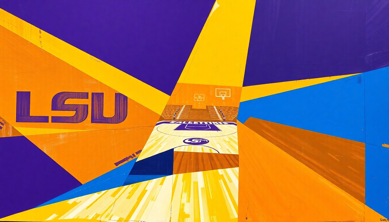 A cubist, geometric painting depicting the action of a college basketball game, with the players and court fragmented into overlapping planes of purple, gold, blue, and orange.