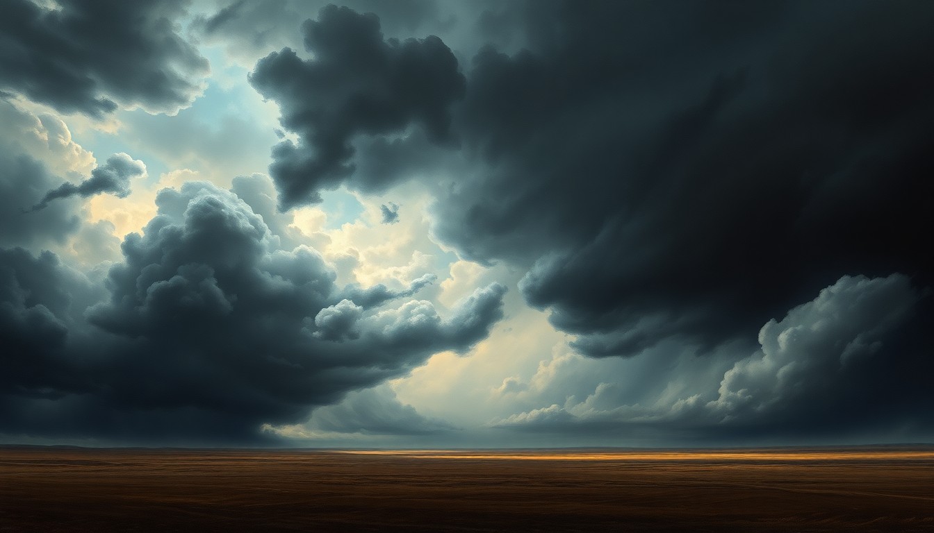 A sweeping, atmospheric landscape painting in muted tones of gray, blue, and green, depicting a vast, stormy sky filled with dark, foreboding clouds hovering over a desolate, windswept plain, conveying the overwhelming power of an impending weather event.