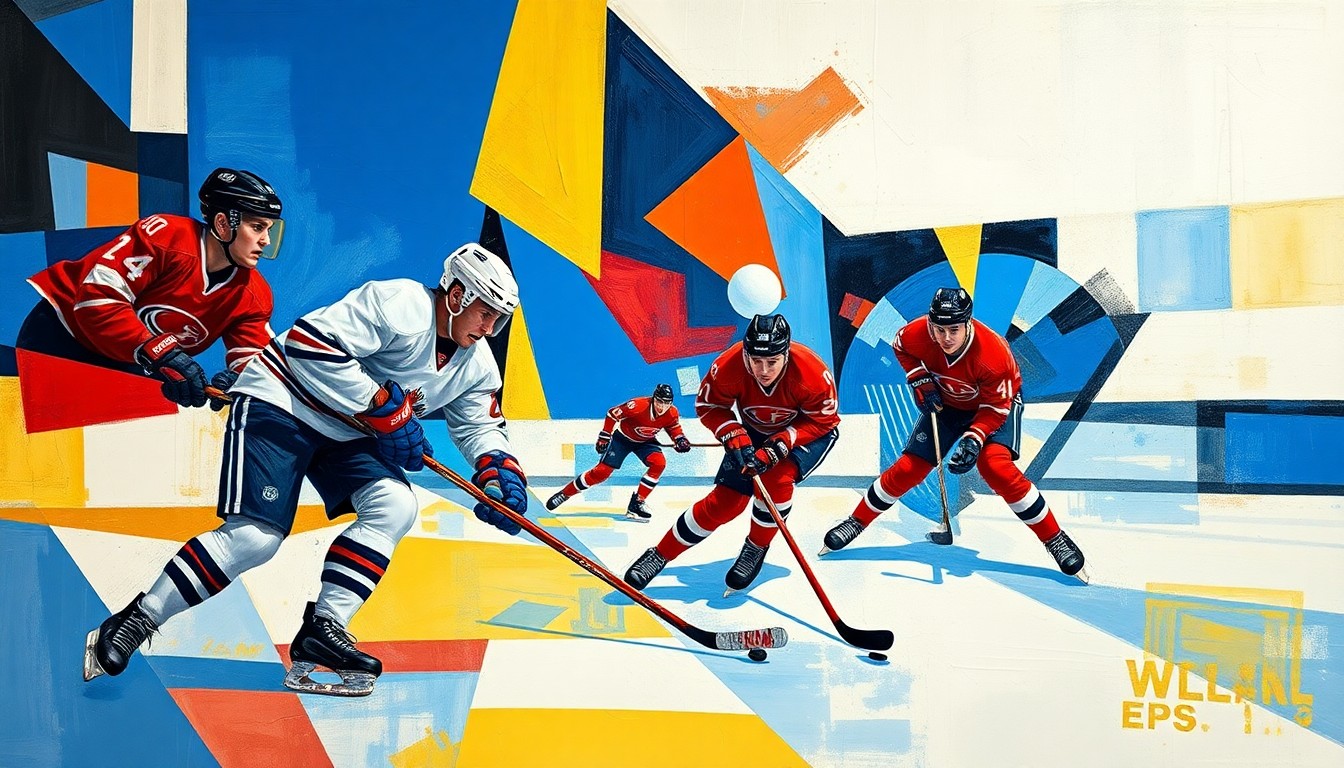 A fractured, multi-perspective painting depicting the dynamic movements of hockey players and a puck, rendered in a cubist style with sharp, overlapping geometric shapes and planes in vibrant colors.