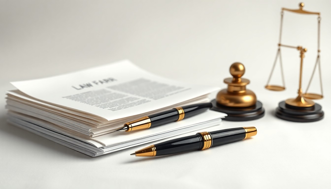 A photorealistic studio still life featuring a stack of legal documents, a fountain pen, and a brass paperweight arranged elegantly on a clean, monochromatic background, conceptually representing the refined, professional nature of a prestigious law firm.