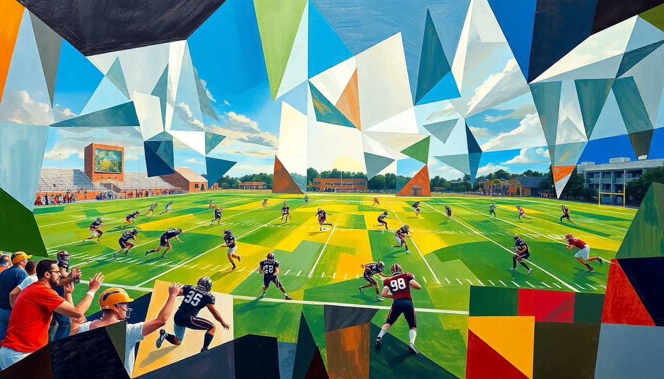 A fragmented, geometric painting depicting the dynamic movements and energy of a high school football game, with players and the field broken down into abstract shapes and planes of color.