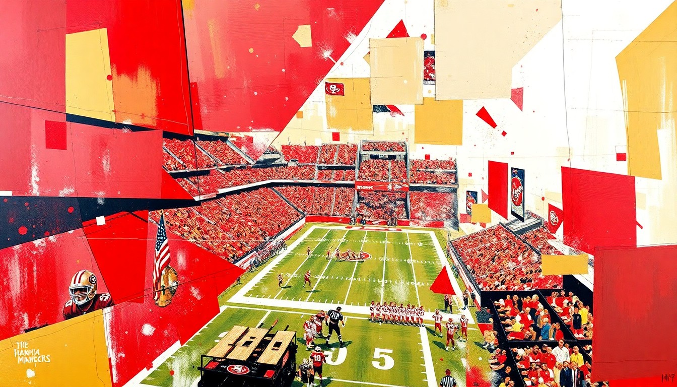 A fragmented, geometric painting depicting a 49ers football game, with sharp planes of red, gold, and white overlapping to create a dynamic, abstract representation of the action on the field.