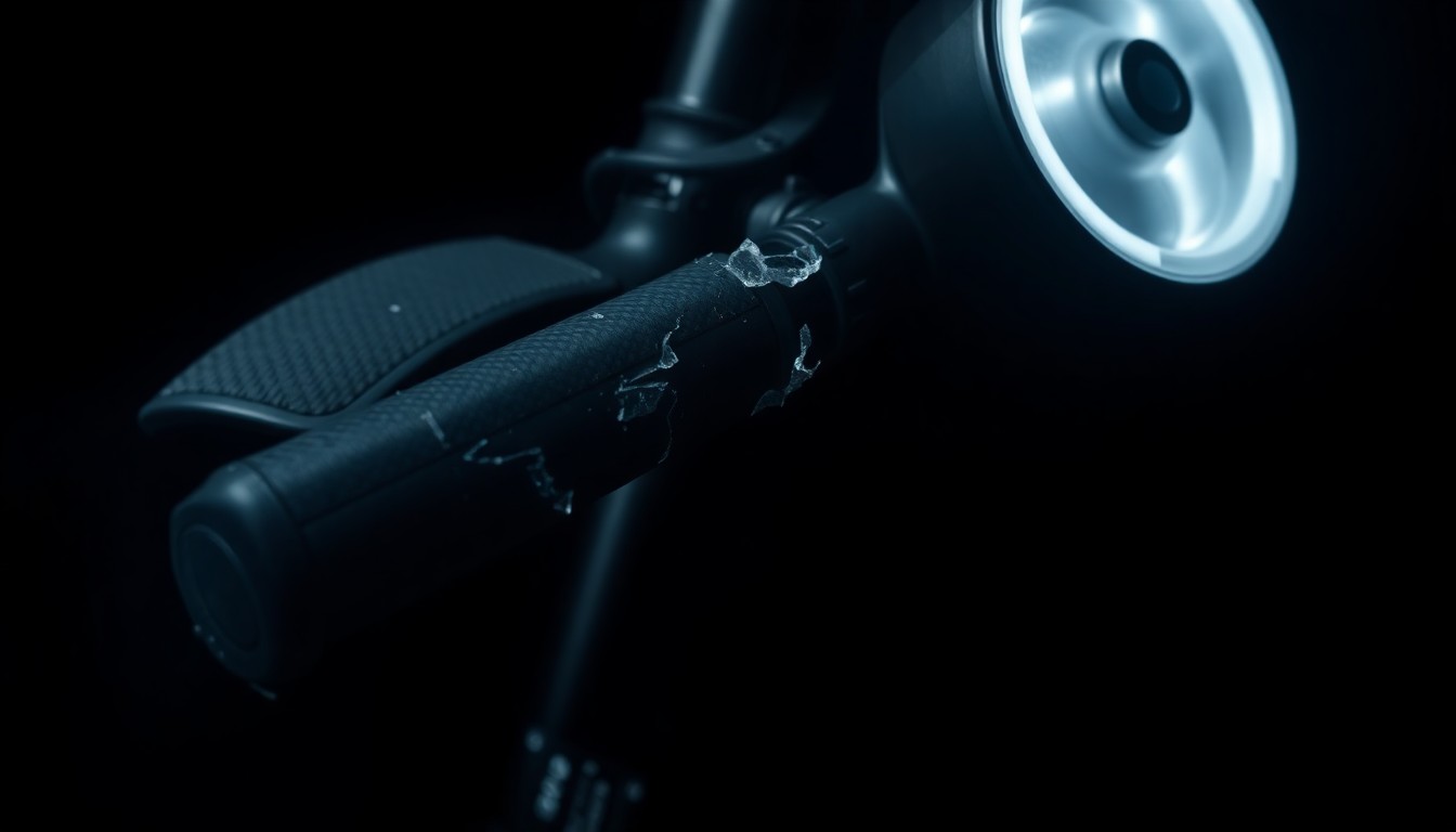 An extreme close-up photograph of a damaged electric scooter part, such as a broken handlebar or cracked wheel, lit by a harsh, direct camera flash against a pitch-black background, conceptually illustrating the aftermath of a collision between an electric scooter and a vehicle.