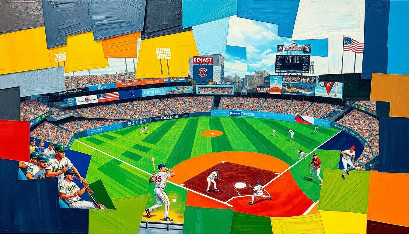 A cubist-style painting depicting a baseball player in motion, with sharp, overlapping geometric shapes in the team's official colors representing the dynamic action on the field.
