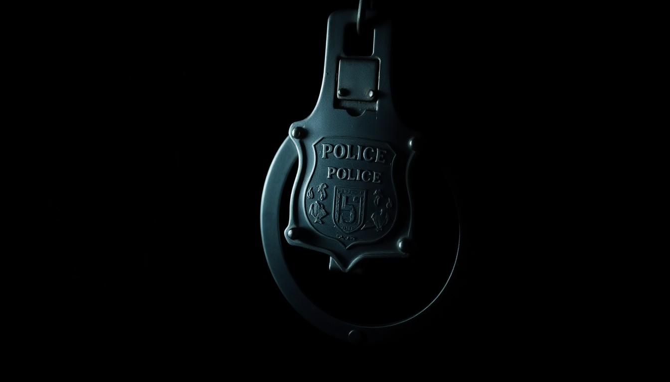 An extreme close-up photograph of a police badge or handcuff against a pitch-black background, lit by a harsh, direct camera flash, conceptually representing the investigative nature of law enforcement work.