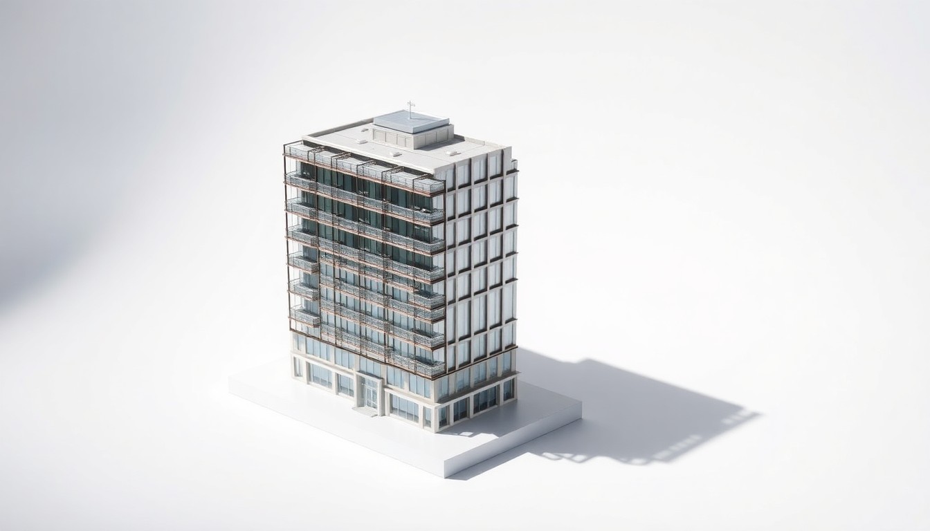 A highly detailed, photorealistic studio photograph of a scale model of the new The Elbie apartment building, crafted from polished metal and glass and arranged elegantly on a clean white background, conceptually representing the refined living that the development will bring to Long Branch.