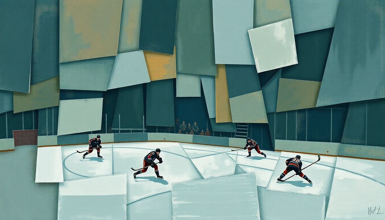 A cubist, geometric painting depicting fragmented hockey players and equipment, rendered in muted earth tones, conveying the uncertainty surrounding the Rangers' draft lottery positioning.