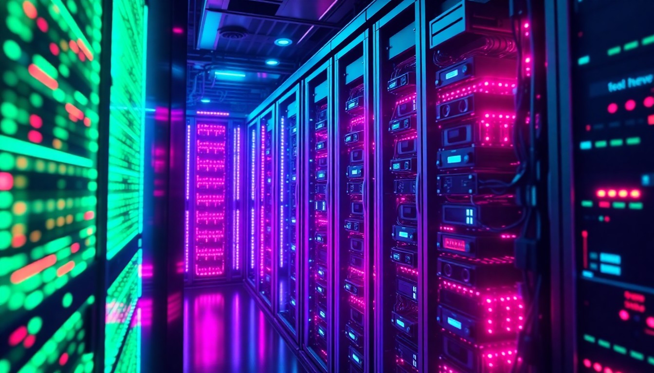 A highly detailed, glowing 3D illustration of a futuristic data center server rack, with neon cyan and magenta lights illuminating the intricate hardware components, conceptually representing the digital infrastructure powering Meta's AI initiatives.