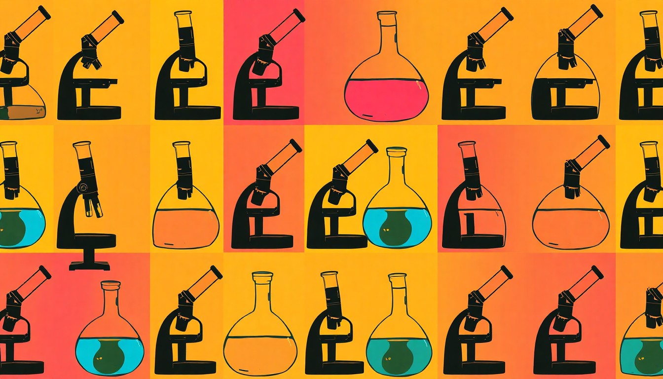 A brightly colored, high-contrast silkscreen print of a single, iconic science fair object such as a microscope or beaker repeated in a tight grid pattern, conceptually representing the energy and innovation of the Georgia College State K–5 Science Fair.