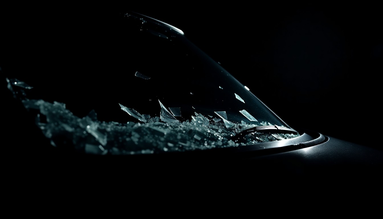 An extreme close-up photograph of a car's shattered windshield or crumpled side panel, lit by a harsh, direct camera flash against a pitch-black background, conceptually illustrating the gritty details of a serious crime scene.