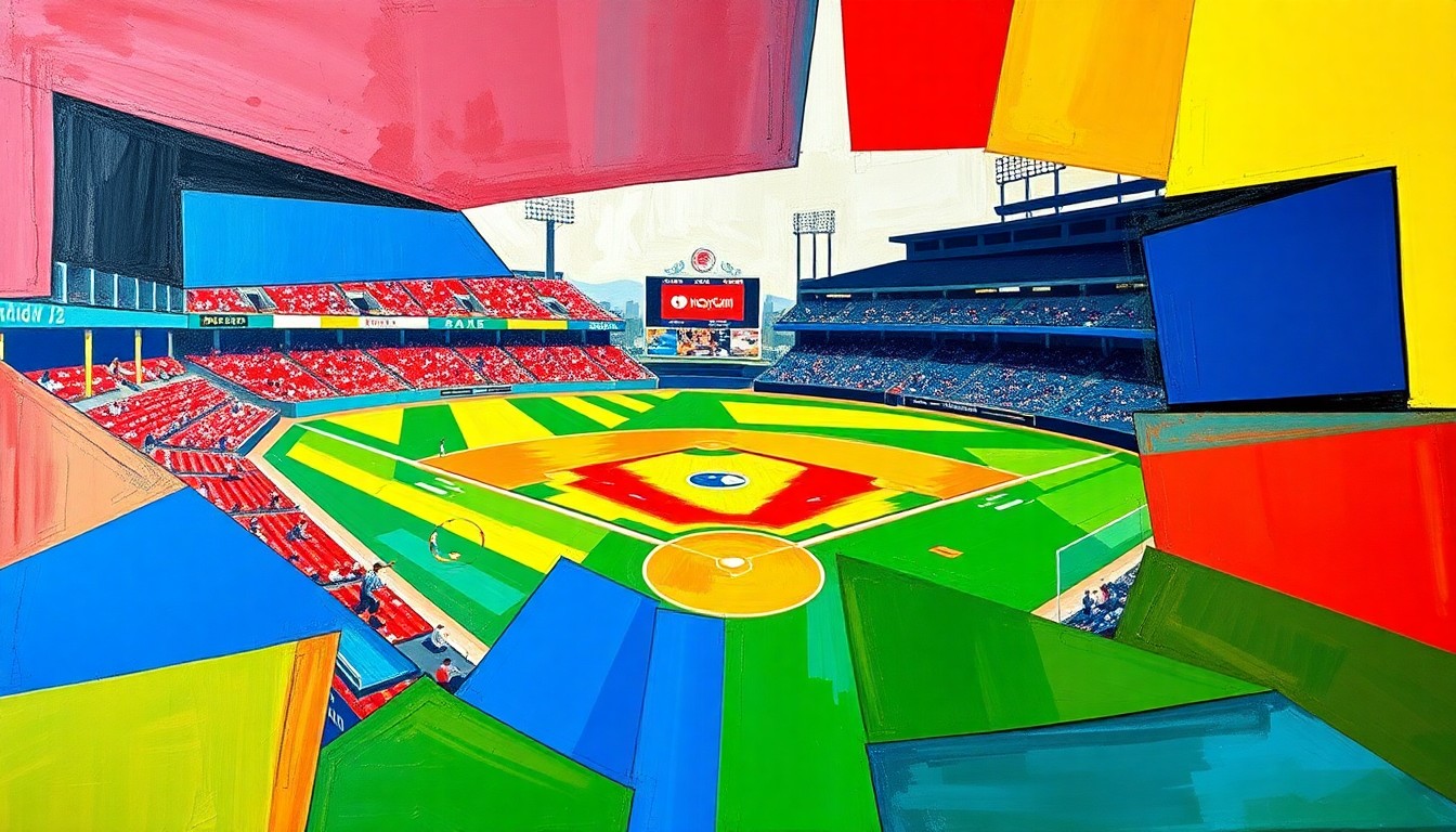 A fragmented, multi-angled painting depicting a baseball game, with the players and field broken down into sharp, overlapping planes of vibrant colors.