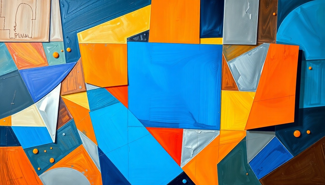 A cubist, geometric painting featuring overlapping planes of color and shape, representing the dynamic world of NFL reporting and the transition happening within the industry.