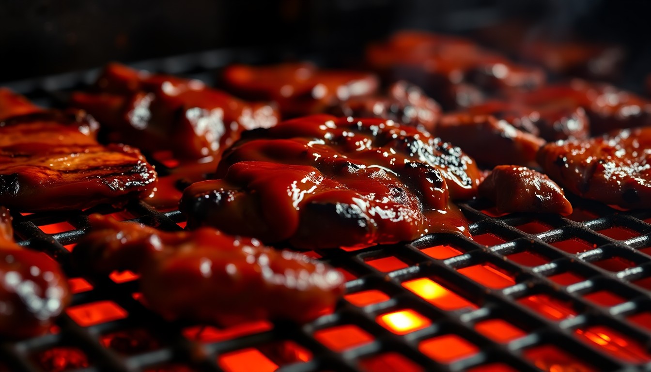 An extreme close-up photograph of a sizzling grill grate covered in charred meat and dripping with caramelized barbecue sauce, capturing the luxurious, high-fashion aesthetic of live-fire cooking.