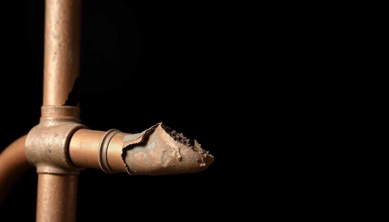 An extreme close-up photograph of a damaged copper pipe, its surface heavily textured and distorted, conveying the destruction caused by the theft at Bethel AME Church.