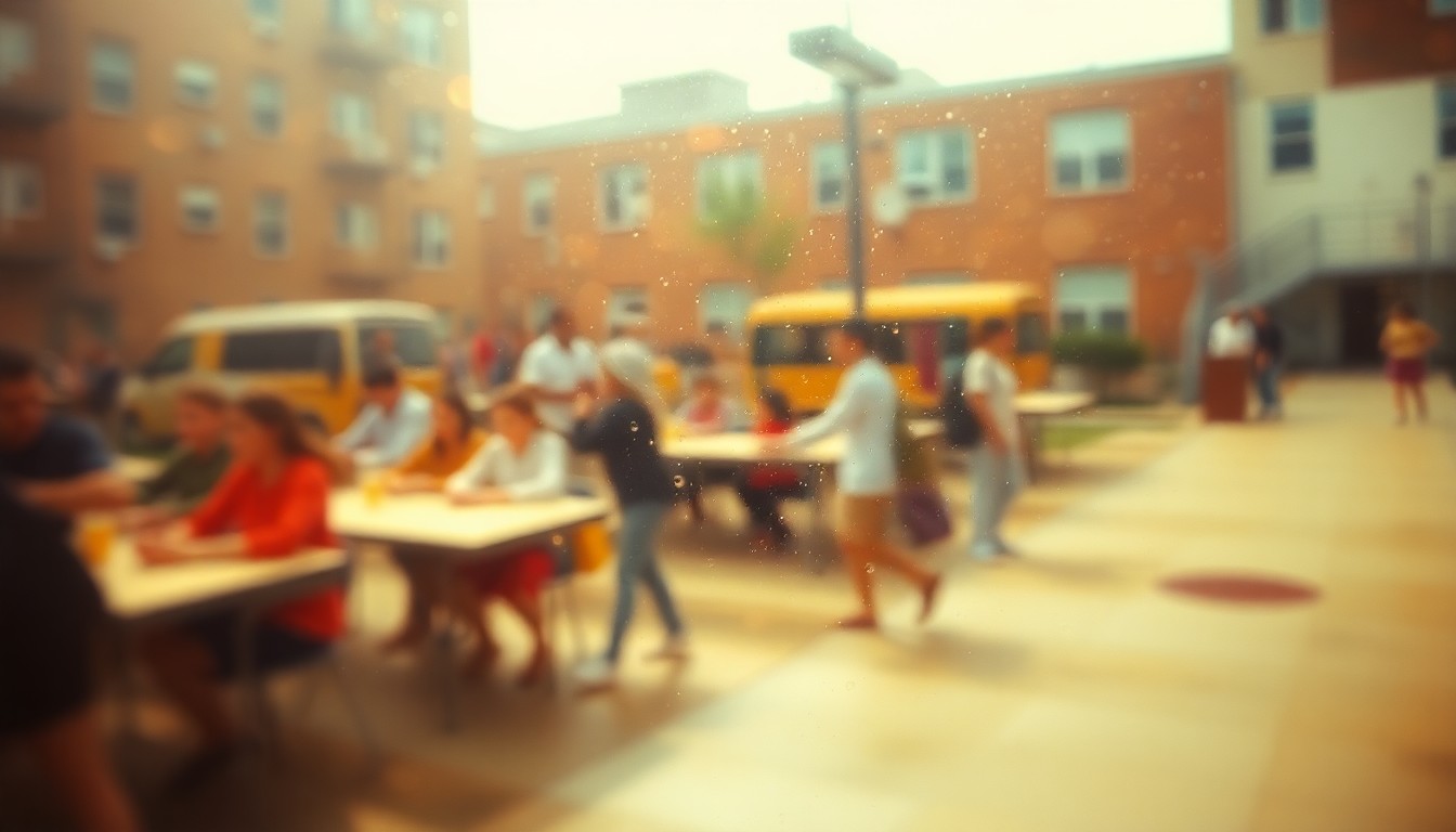 An abstract, out-of-focus scene of a diverse urban school campus, with blurred shapes and colors representing the complex challenges facing the district.