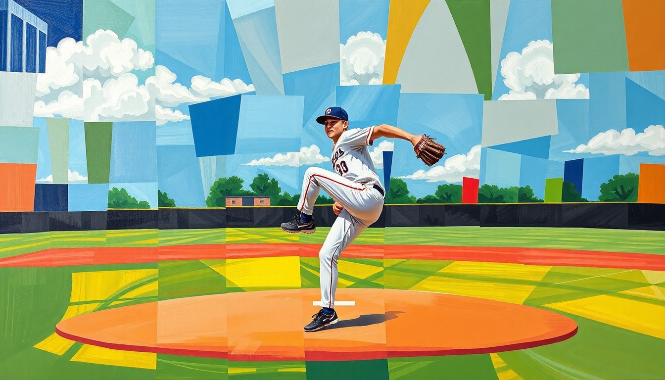 A fragmented, geometric painting depicting a high school baseball pitcher mid-delivery, with sharp planes of color and movement representing the sport's dynamic action.