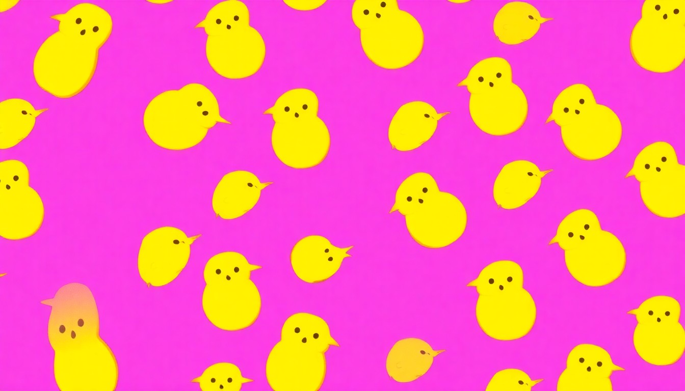 A bold, colorful silkscreen-style illustration featuring a single, iconic Peeps marshmallow in bright neon pink and yellow, repeated in a grid pattern to create a modern pop art composition.