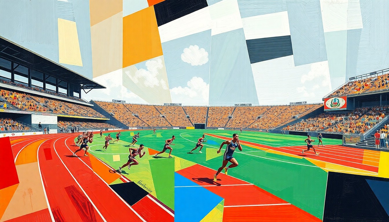 A cubist, geometric painting depicting an abstract college track and field competition, with overlapping shapes and planes representing the controversy and divided perspectives surrounding the doping allegations.