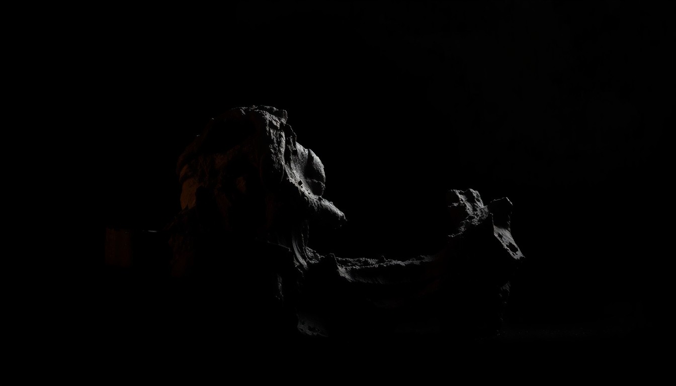 An extreme close-up photograph of a twisted, charred car part against a pitch-black background, creating a stark, gritty visual representation of the aftermath of the junkyard fire.