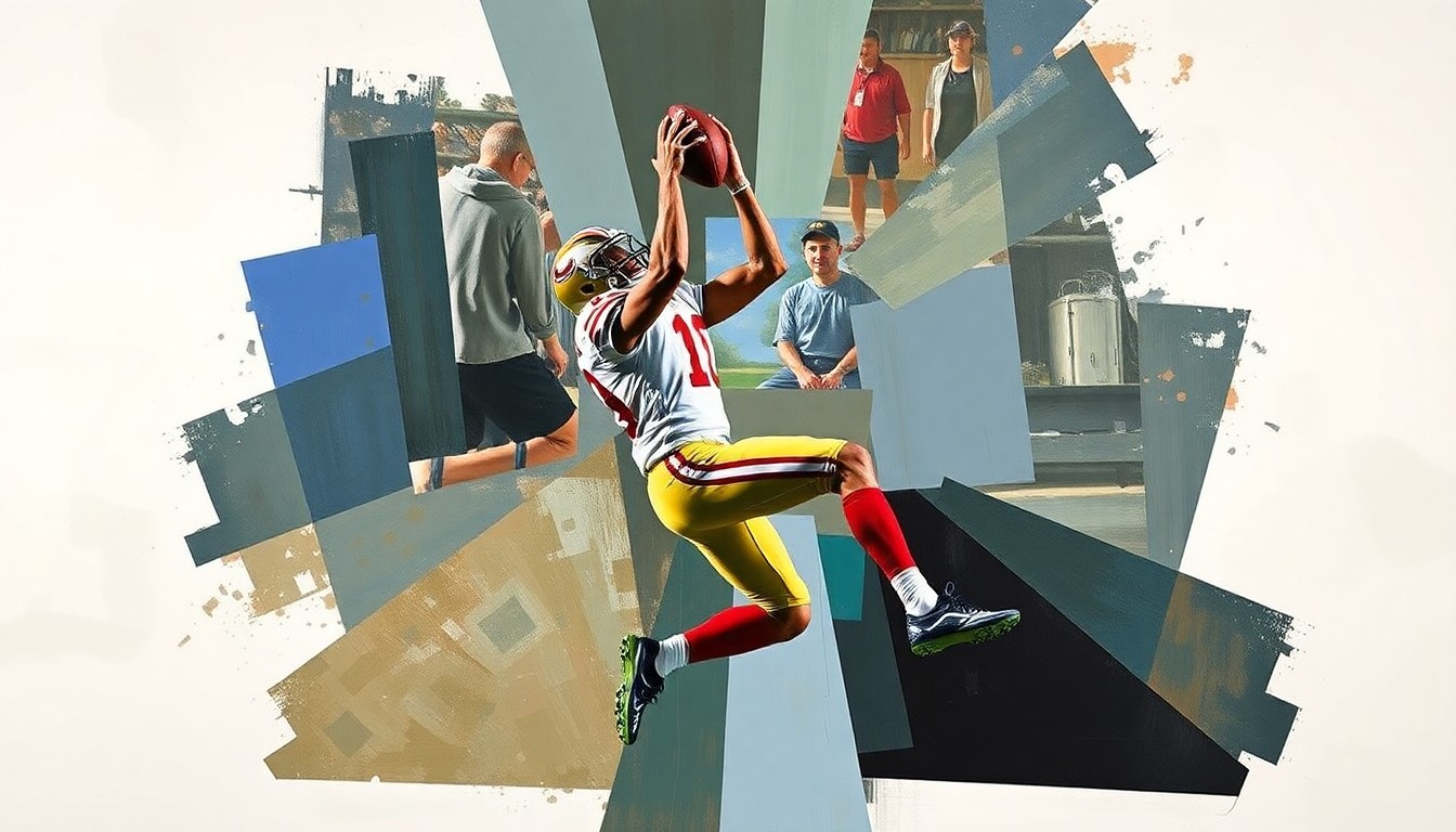 A cubist, geometric painting depicting a football player in mid-air catching a pass, with the figure broken down into overlapping planes of color and shape to capture the dynamic motion of the play.