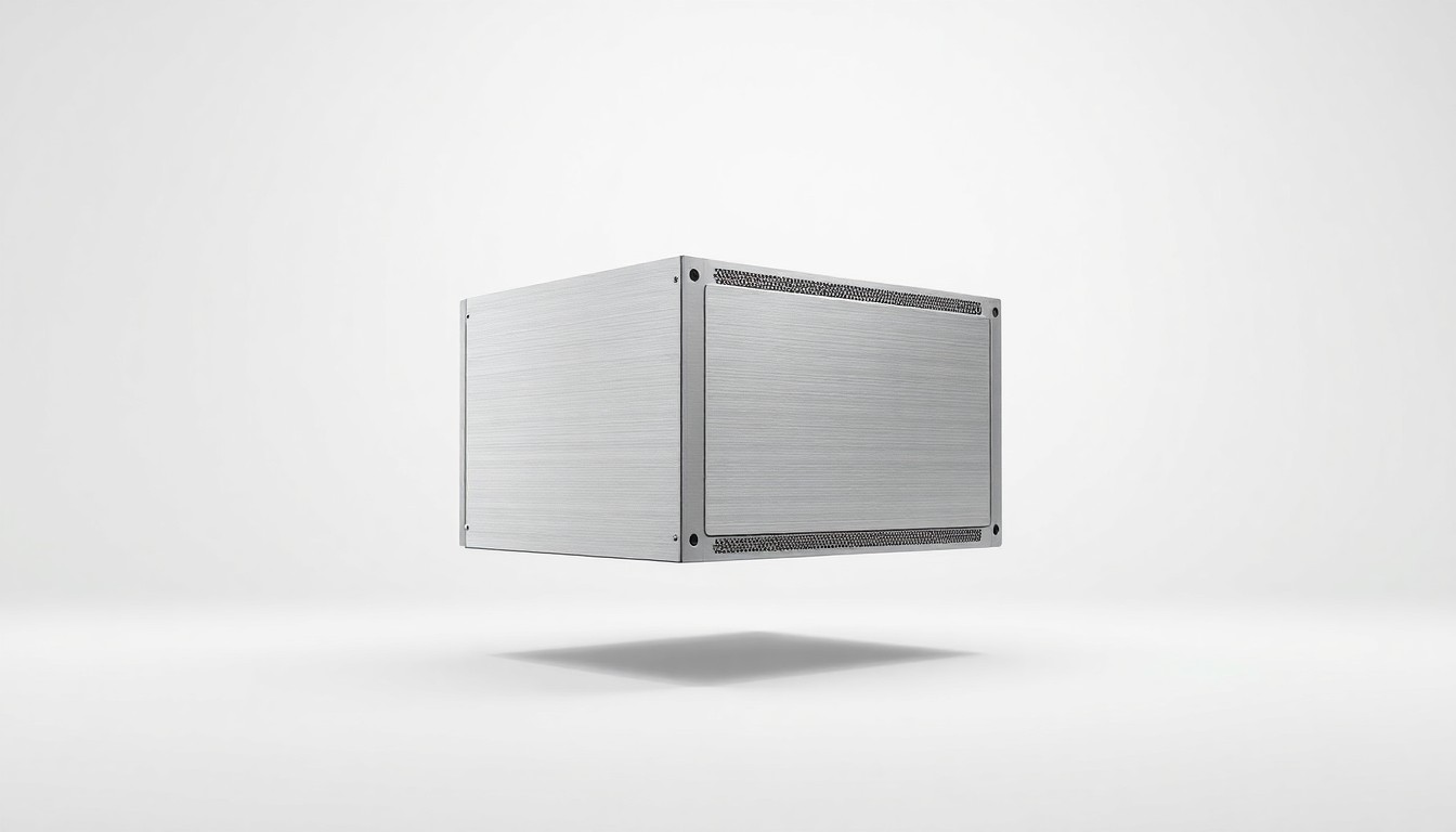 A highly reflective, geometric metal data center server rack module floating on a clean, monochromatic background, representing the advanced technology and engineering of the new Lafayette facility.