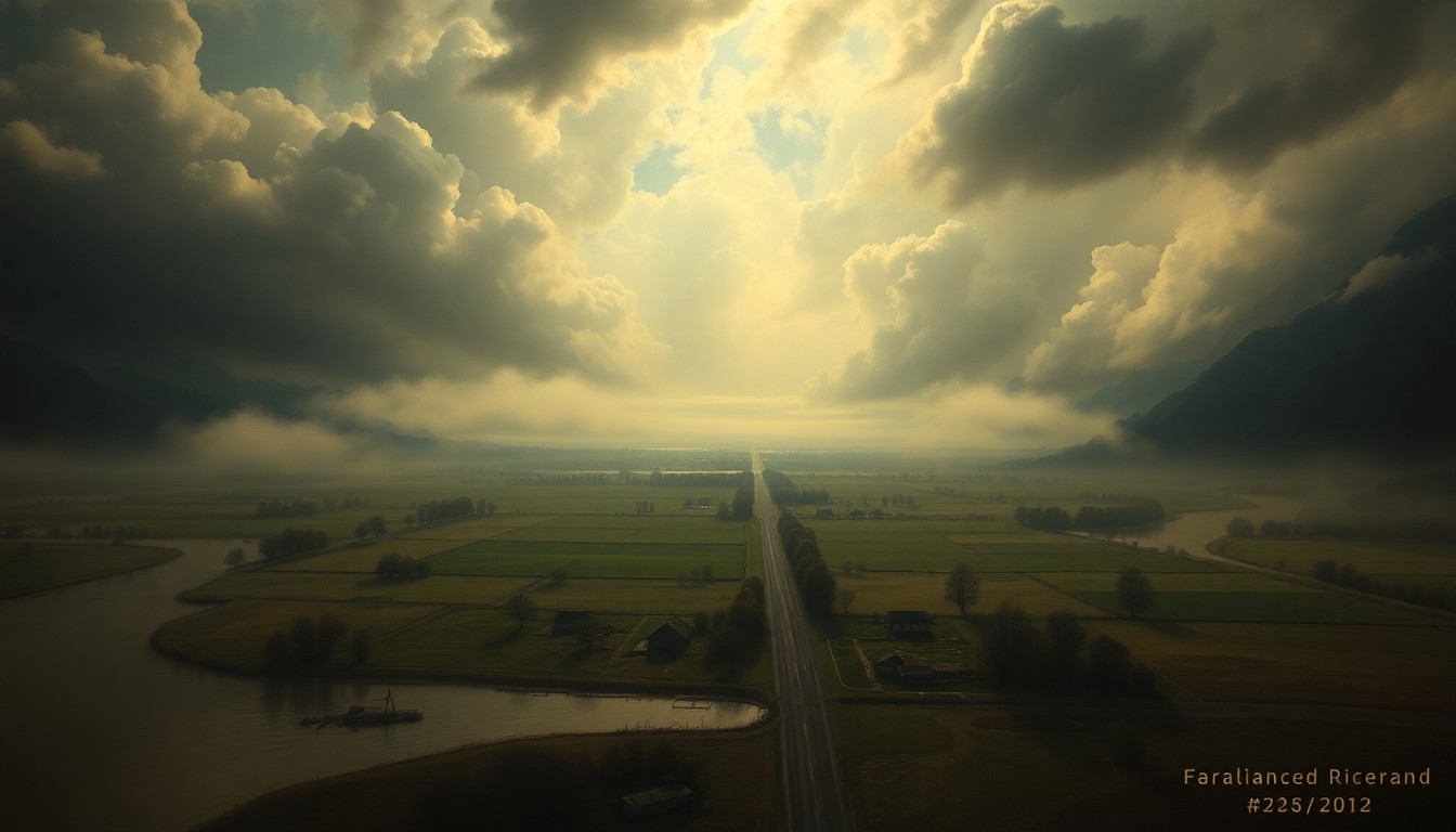 A sweeping, atmospheric landscape painting depicting a rural scene partially submerged in rising floodwaters, with roads and structures obscured by the overwhelming scale of the natural disaster.