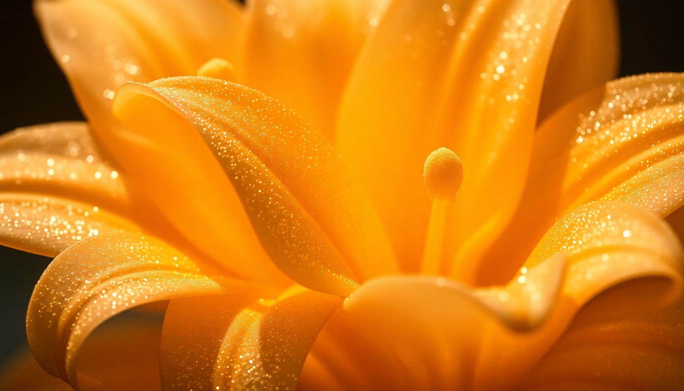 An abstract close-up image of delicate, glittering Easter lily petals captured in dramatic studio lighting, conveying a sense of reverence and spiritual renewal.