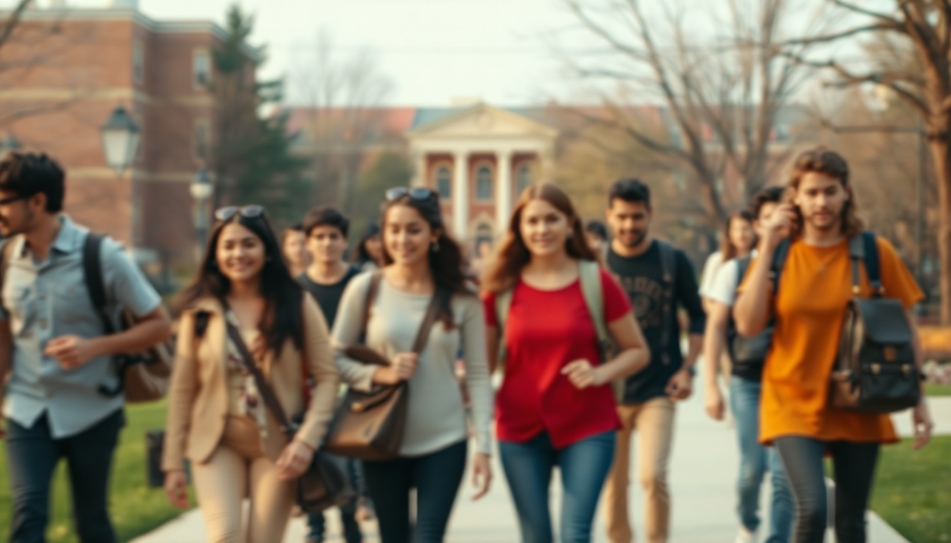 A softly focused, impressionistic photograph of students walking on a college campus, their faces obscured but their body language suggesting a sense of purpose and optimism.