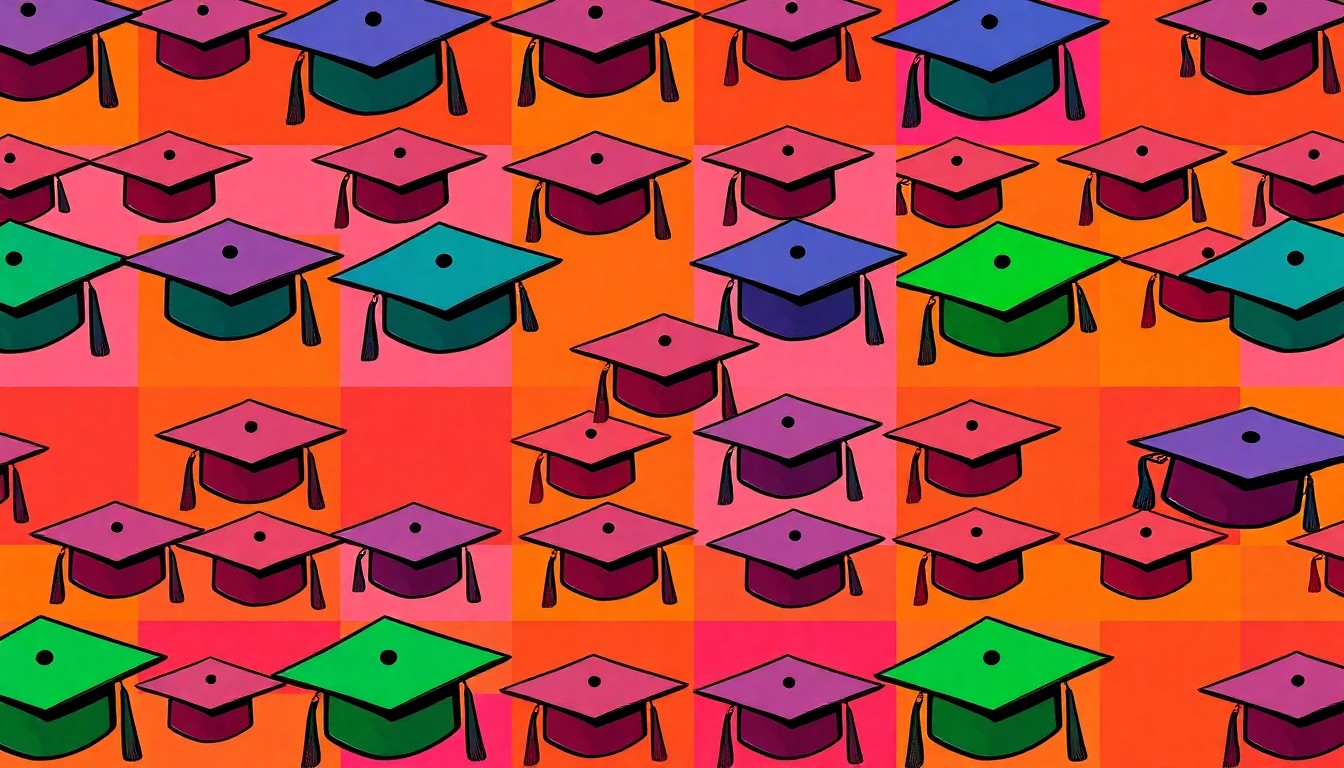 A brightly colored, high-contrast silkscreen print of a mortar board graduation cap repeated in a tight grid pattern, representing the iconic symbol of higher education transformed into modern pop art.