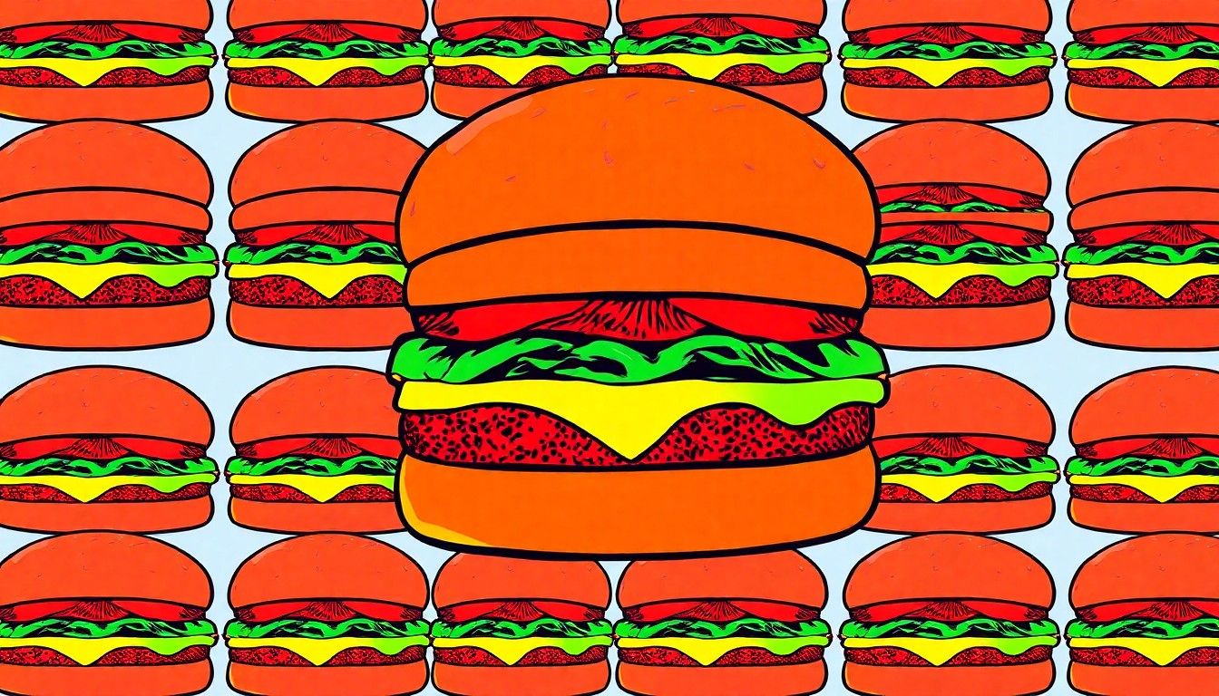 A highly stylized, pop art-inspired illustration featuring a repeating grid of a juicy cheeseburger in vibrant, neon-like colors with heavy black outlines, conceptually representing the excitement and community spirit of a local burger competition.