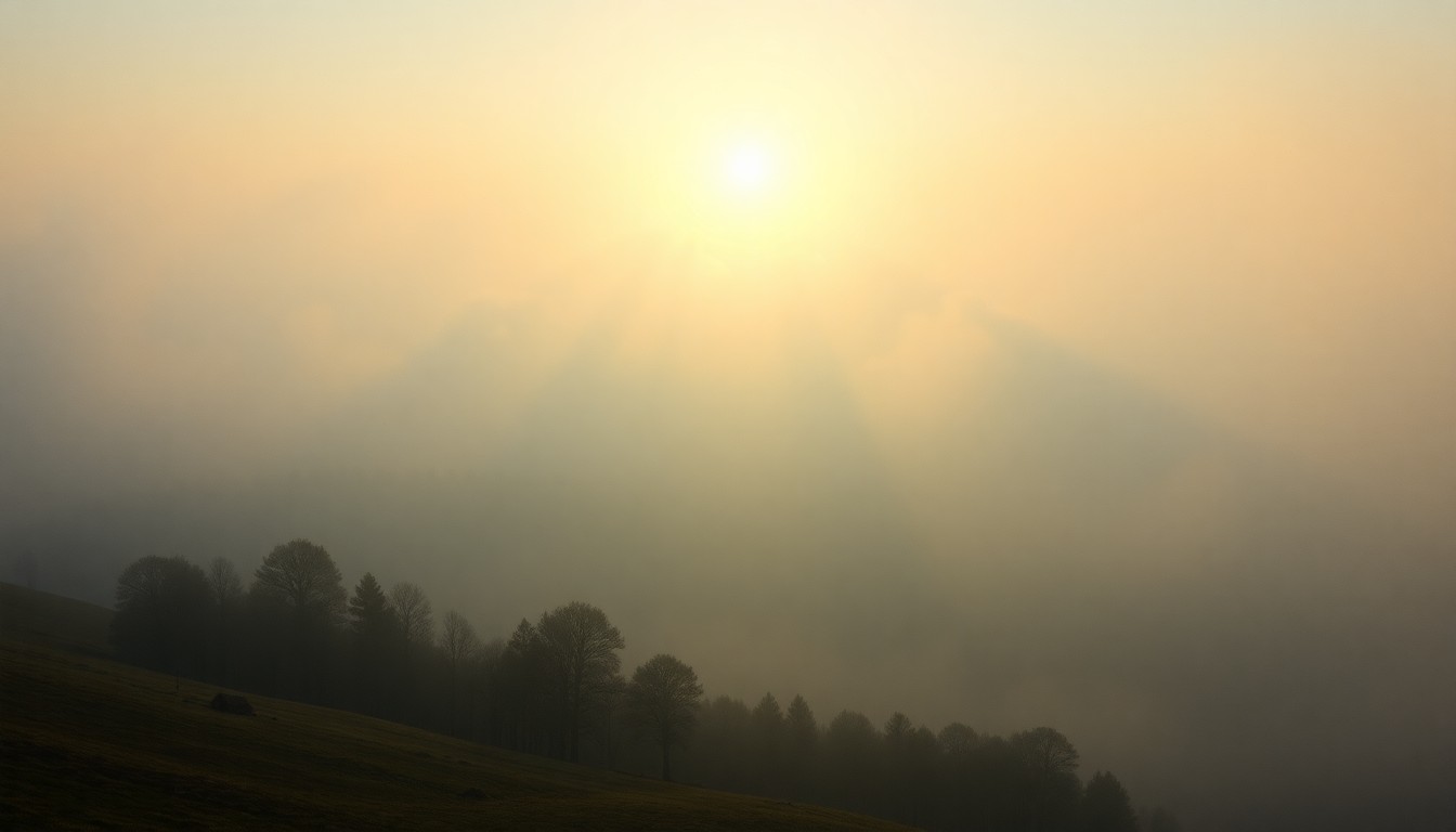 A sweeping, atmospheric landscape painting in muted tones of grey, blue, and gold, capturing the gradual clearing of fog to reveal a sunlit rural scene.