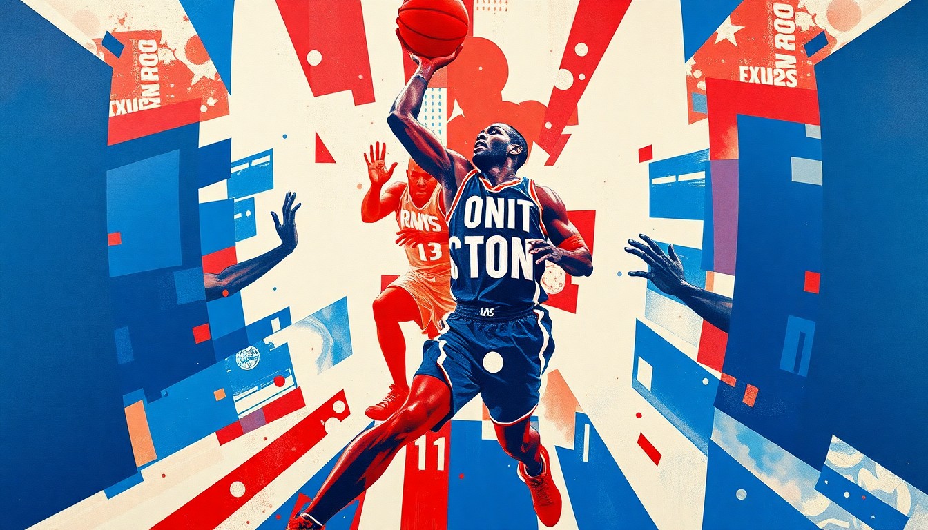 A cubist, geometric painting depicting a basketball player in fragmented, overlapping planes of blue, red, and white, representing the disappointment of Cade Cunningham's injury and missed chance at the NBA MVP award.