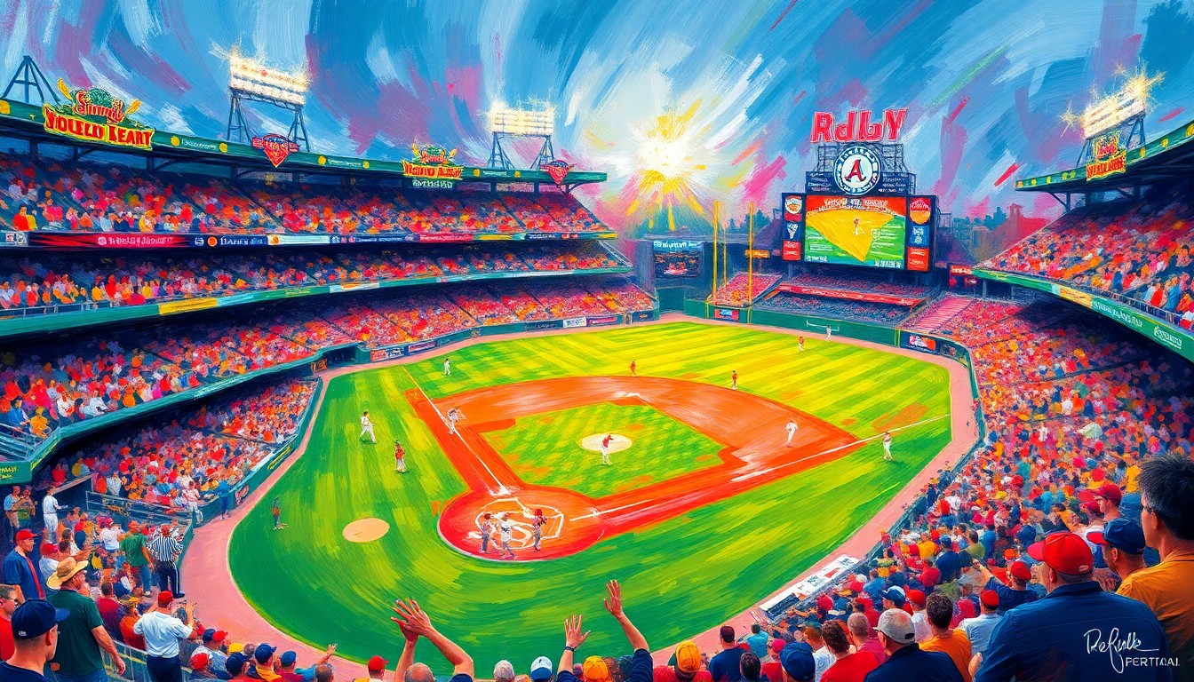 An abstract, energetic painting featuring bold brushstrokes in neon shades of blue, orange, and green, capturing the excitement and atmosphere of a packed baseball stadium on Opening Day.