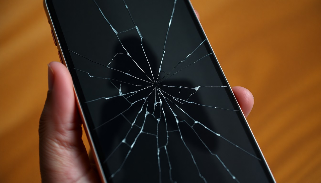 An extreme close-up photograph of a cracked smartphone screen reflecting a shadowy figure, conceptually illustrating the threat of online predators.