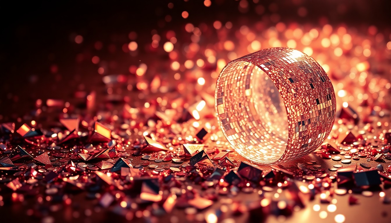 An extreme close-up of glittering sequins and shattered glass reflecting dramatic studio lighting, conceptually representing the vibrant energy and luxurious textures of a celebratory dance performance.
