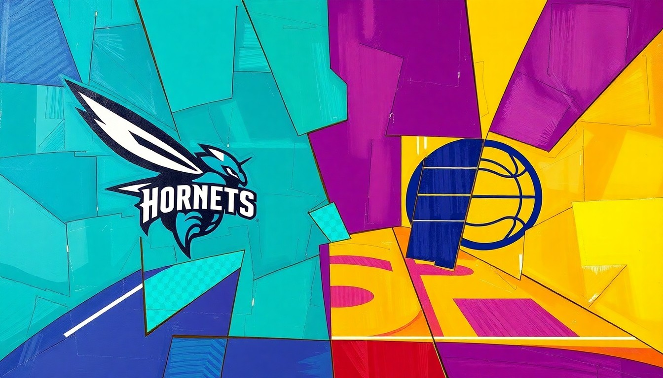 A fractured, cubist-style painting depicting the action and energy of a basketball game, with sharp geometric shapes and planes in the team colors of the Charlotte Hornets and Indiana Pacers.