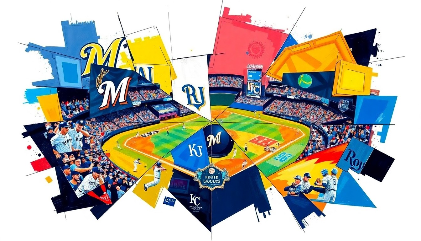 A fractured, cubist-style painting depicting a baseball game between the Milwaukee Brewers and Kansas City Royals, with the players and field broken down into sharp, overlapping geometric shapes in the team's vibrant colors.