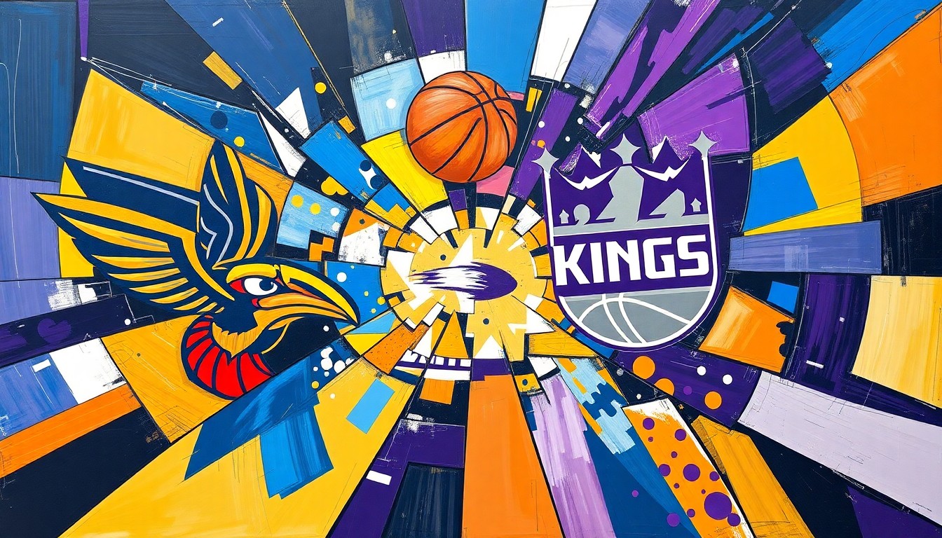An abstract, cubist-style painting featuring overlapping geometric shapes and planes in the colors of the New Orleans Pelicans and Sacramento Kings, capturing the energy and competition of their final matchup of the season.
