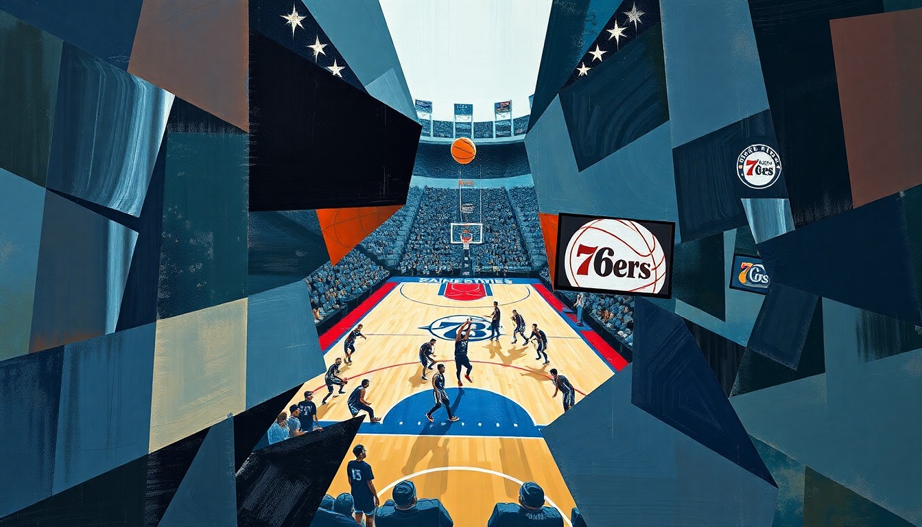 A fragmented, geometric painting depicting a basketball game, with the players and court broken down into sharp, overlapping shapes and planes in a cubist style.