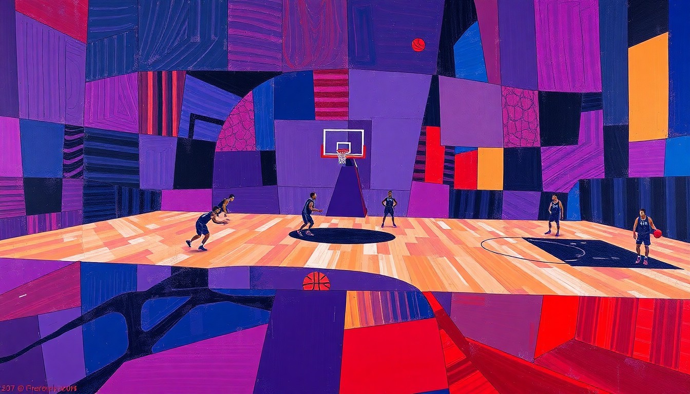 A cubist, geometric painting depicting a fragmented basketball court and players, conveying the conceptual idea of a coaching staff coming together to rebuild a program.