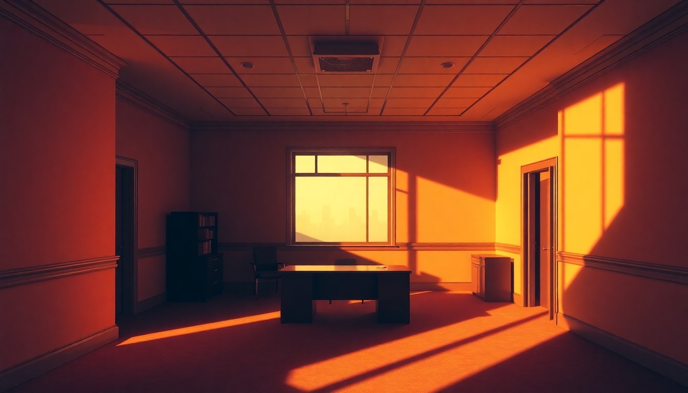 A dimly lit, cinematic office space with a lone desk and chair, the warm light casting deep shadows and a sense of solitude, conceptually representing the political turmoil surrounding the Trump administration.