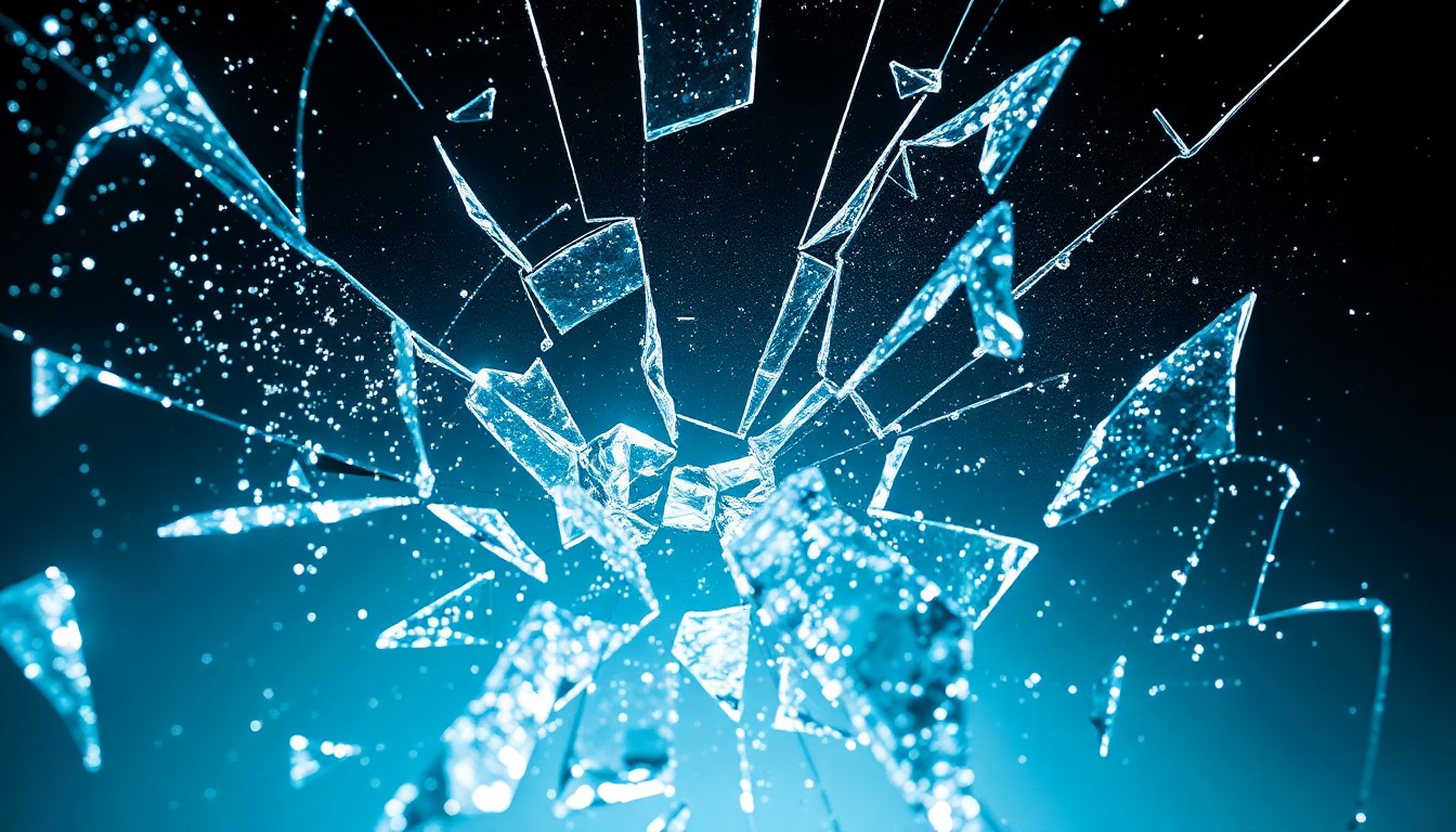 An extreme close-up photograph of shattered glass reflecting dramatic studio lighting, capturing the intense, high-contrast textures to conceptually represent the dangerous situations faced by the 9-1-1 first responders.