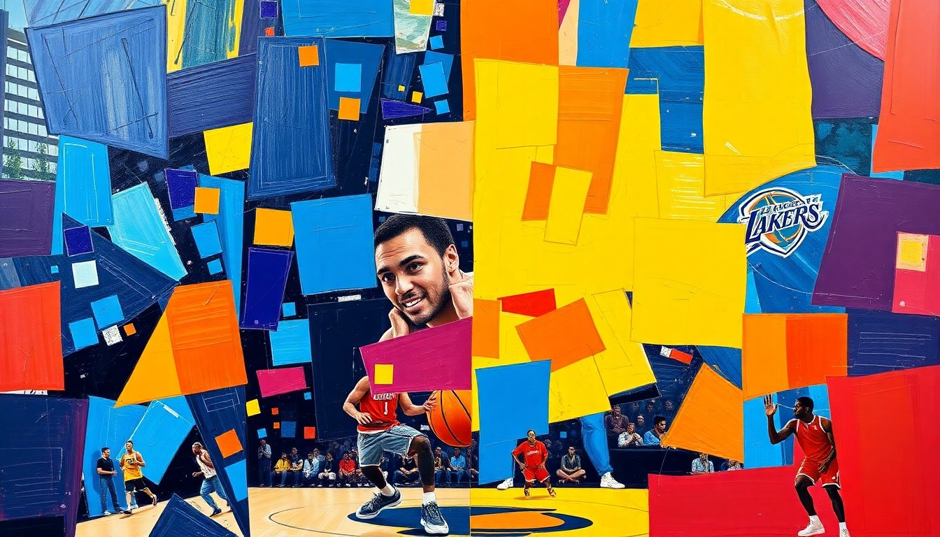 A fractured, cubist-style painting depicting a basketball game, with sharp geometric shapes in the Lakers' purple and gold colors overlapping with the Thunder's blue and orange hues, conveying the chaotic energy of the lopsided matchup.